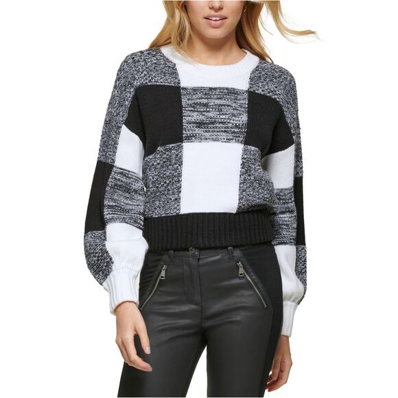 DKNY Womens Crewneck Ribbed Trim Pullover Sweater, black, L - Picture 1 of 3